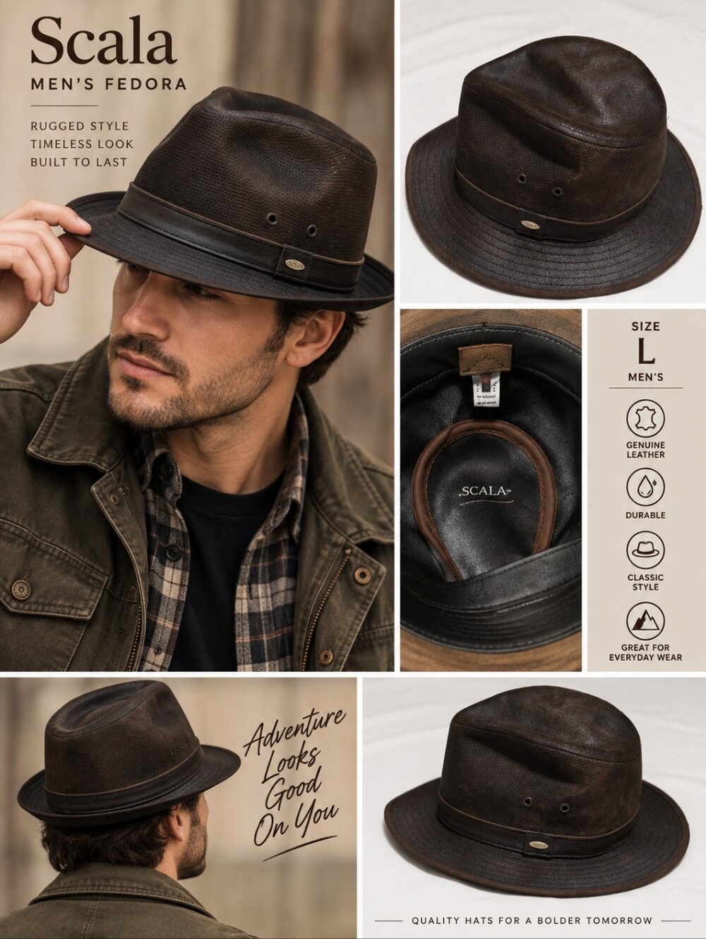 Scala mens large brown leather fedora hat #18